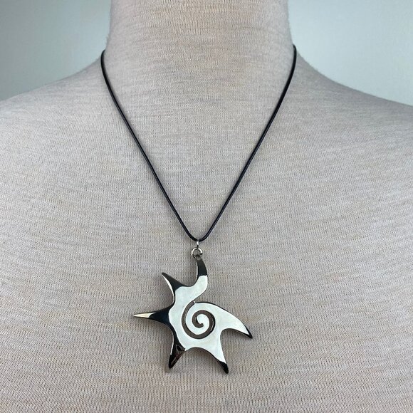 Silver Tone Modernist Swirl Sun Pendant Black Cord - Picture 1 of 6